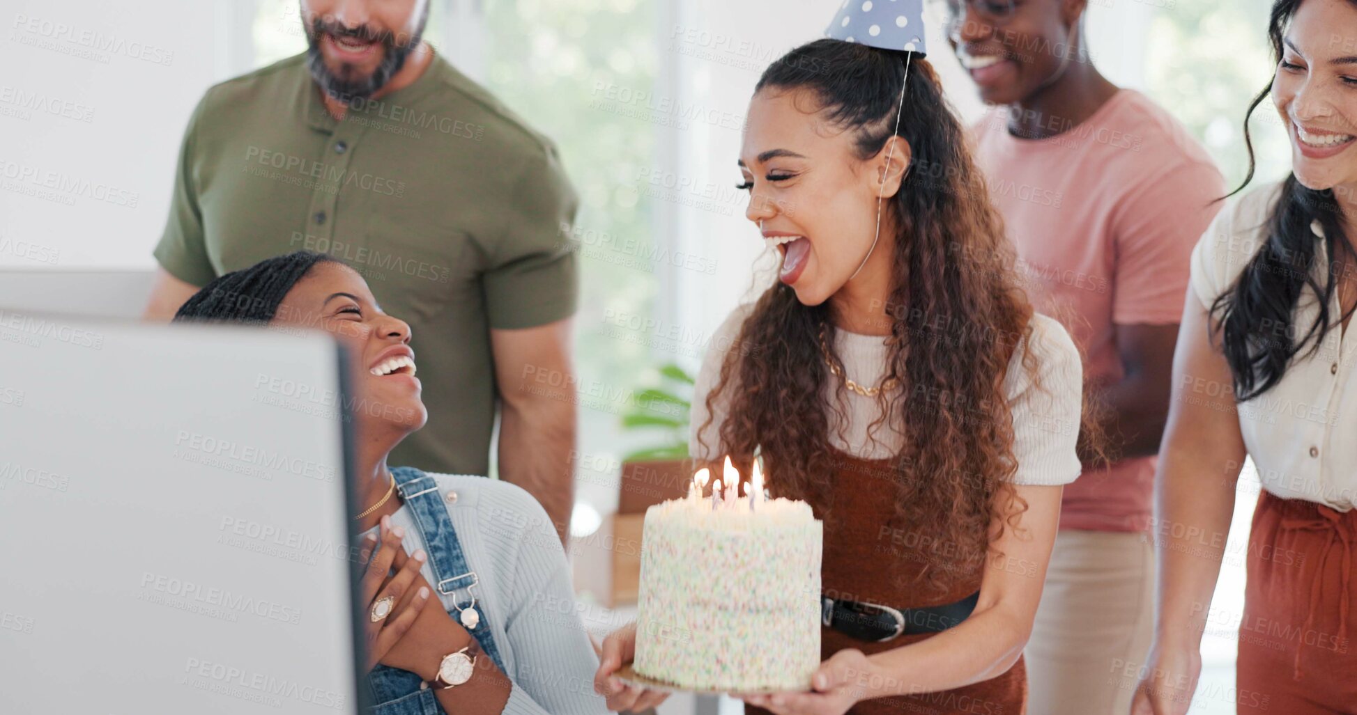 Buy stock photo Birthday, team and celebration for colleague, party and office with cake, team and smile. Singing, support and happiness with employees, appreciation and candles for dessert, cheering and surprise