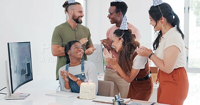 Buy stock photo Happy birthday, celebration and team with cake in office for congratulations, support and applause for success in work. People, singing and friends clapping for employee in party or black woman