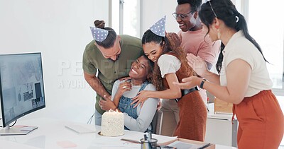 Buy stock photo Happy birthday, cake and team of business people applause, celebration and smile in creative startup office. Clapping, excited and group of friends at party for congratulations or hug at social event