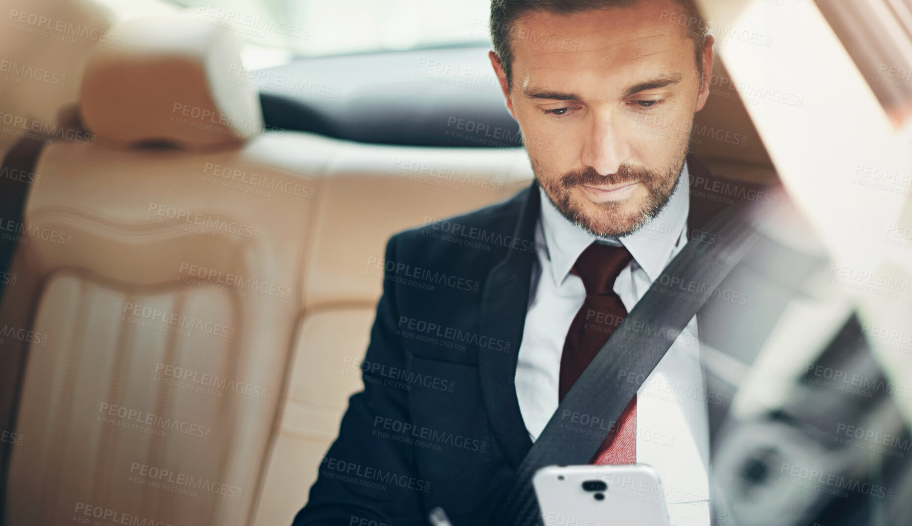 Buy stock photo Businessman, reading or commute with phone in car for news update, travel or browsing. Passenger, chat or banker on mobile app for social media or online texting in vehicle, taxi or cab for work trip