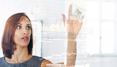 Buy stock photo Business, woman and hologram with chart, finance and typing with innovation. Holographic, employee and accountant with technology, stock market and economy analyst with stats, solution and decision