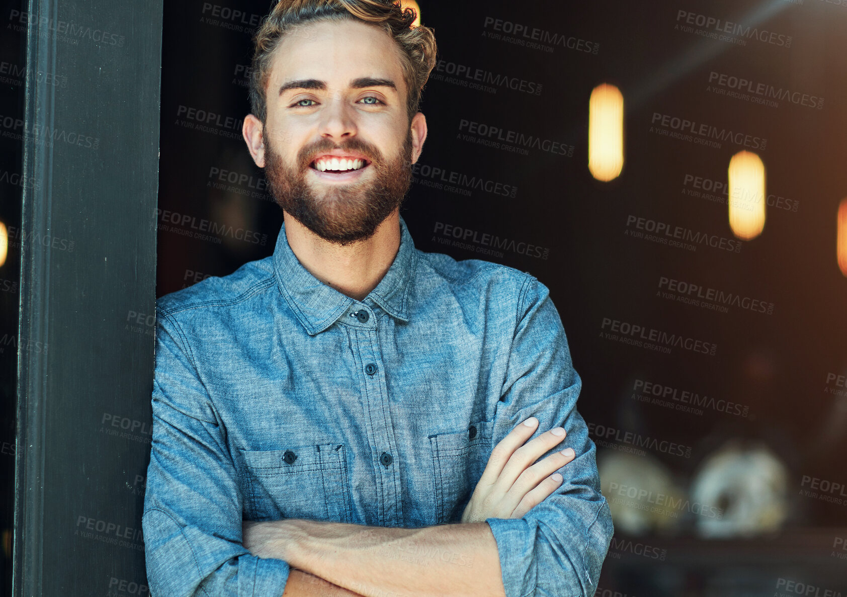 Buy stock photo Pride, business owner and man in portrait for cafe, professional and arms crossed for welcome. Coffee shop, barista and manager with smile for startup, customer service and hospitality by entrance