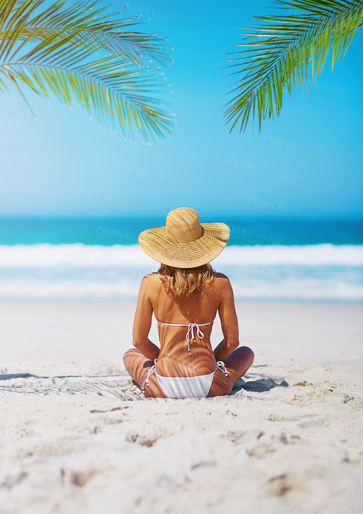 Buy stock photo Back, woman and relax with bikini on beach, travel vacation and holiday adventure for summer break. Seaside, female person and calm with paradise trip of tropical island, tan and peaceful in Maldives