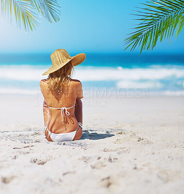 Buy stock photo Back, woman and calm with bikini on beach, travel vacation and holiday adventure for summer break. Seaside, female person and relax with paradise trip of tropical island, tan and peaceful in Maldives