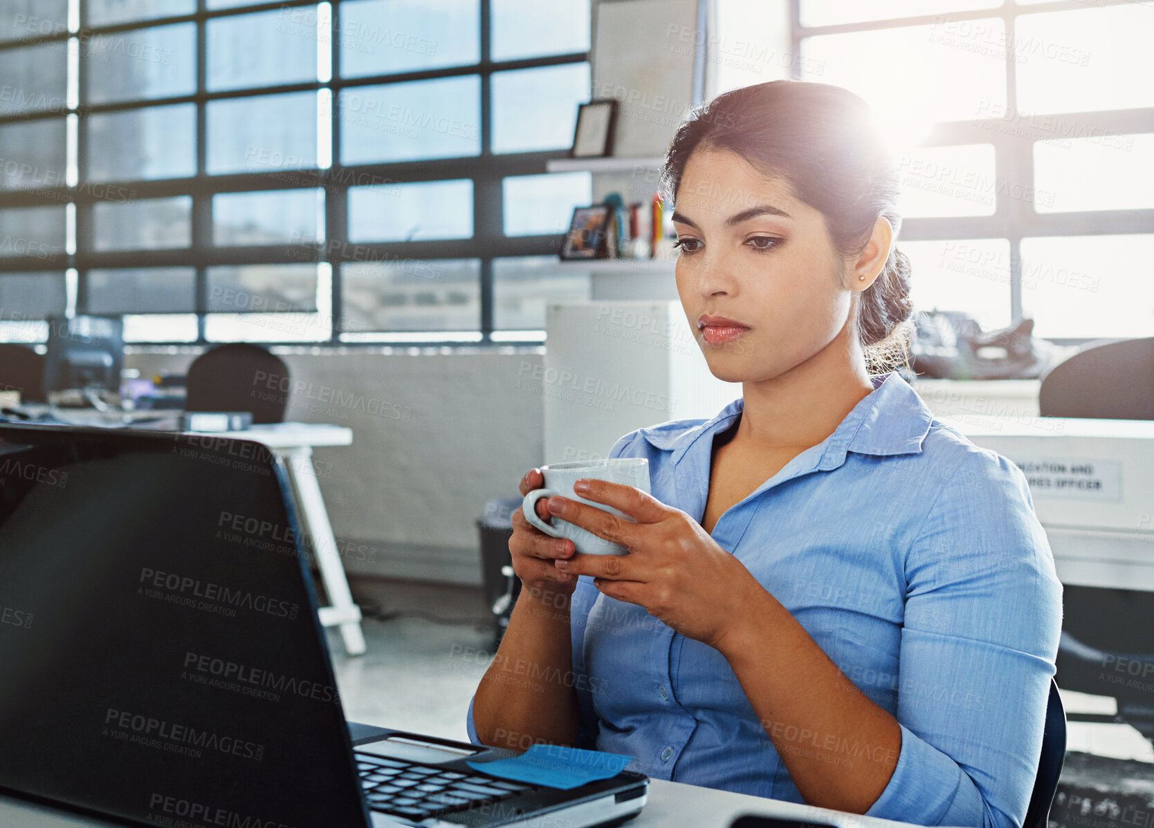 Buy stock photo Woman, employee and serious with coffee on laptop for research and investigation as detective. Female person, office and cup of tea on internet or online for evidence, criminal record and files