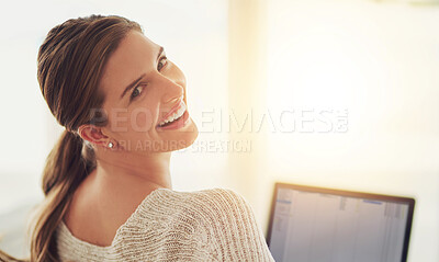 Buy stock photo Woman, home and happy on portrait with laptop for remote work, project deadline and administration in England. Female person employee and smile or proud in confidence for career growth or opportunity