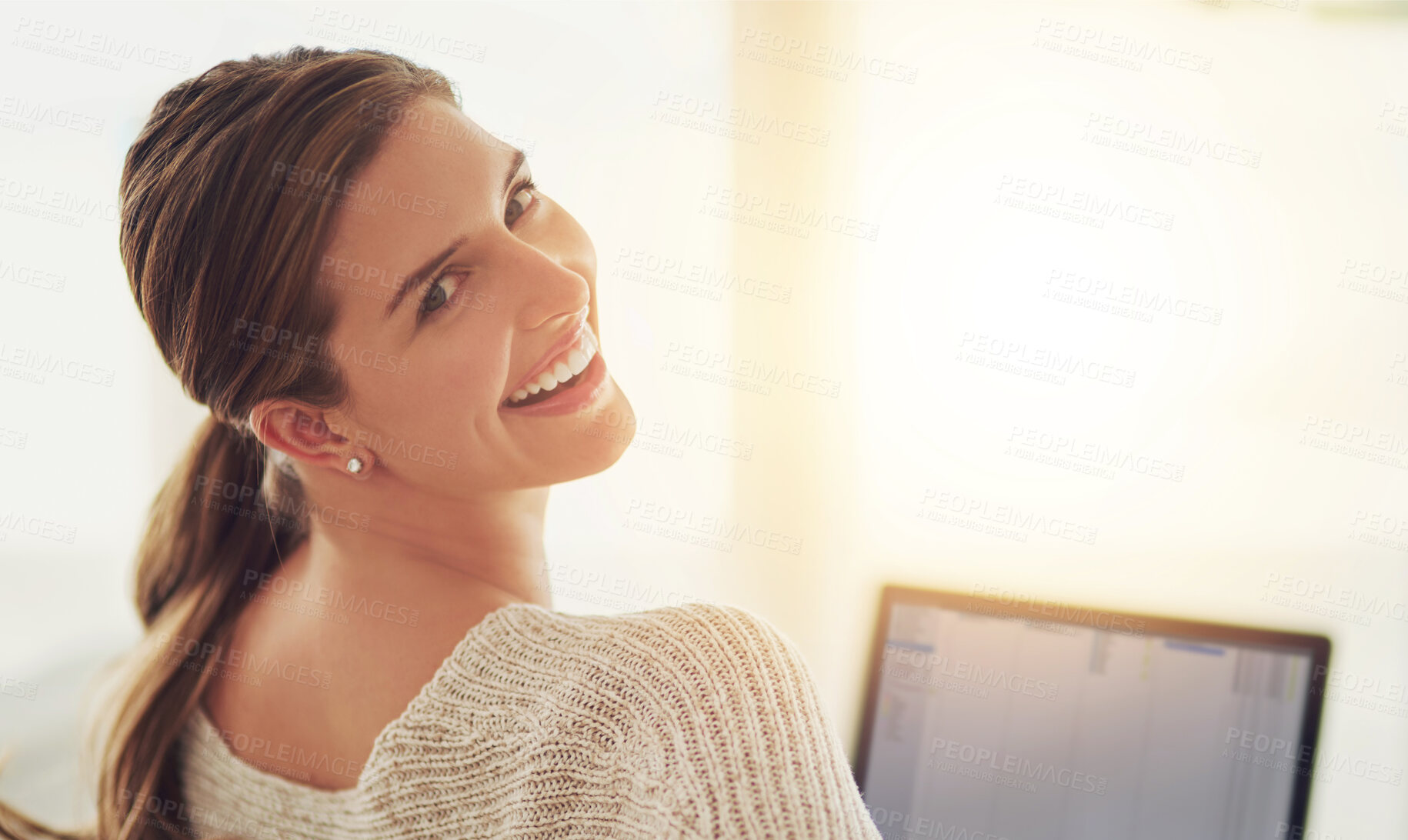 Buy stock photo Woman, home and happy on portrait with laptop for remote work, project deadline and administration in England. Female person employee and smile or proud in confidence for career growth or opportunity