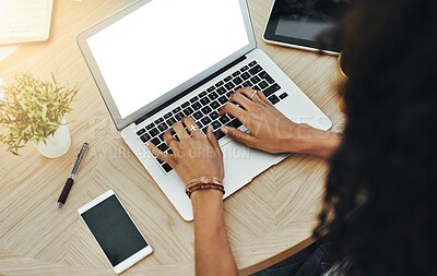 Buy stock photo Screen, hands and laptop at desk with journalist working from home with typing on keyboard. Education, student and journalism study with technology in house for online communication on internet.