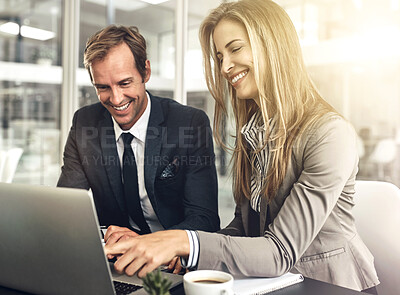 Buy stock photo Office, teamwork and business people with laptop for research, project information and feedback. Boardroom, man and woman in collaboration with digital, typing and conversation with smile by flare