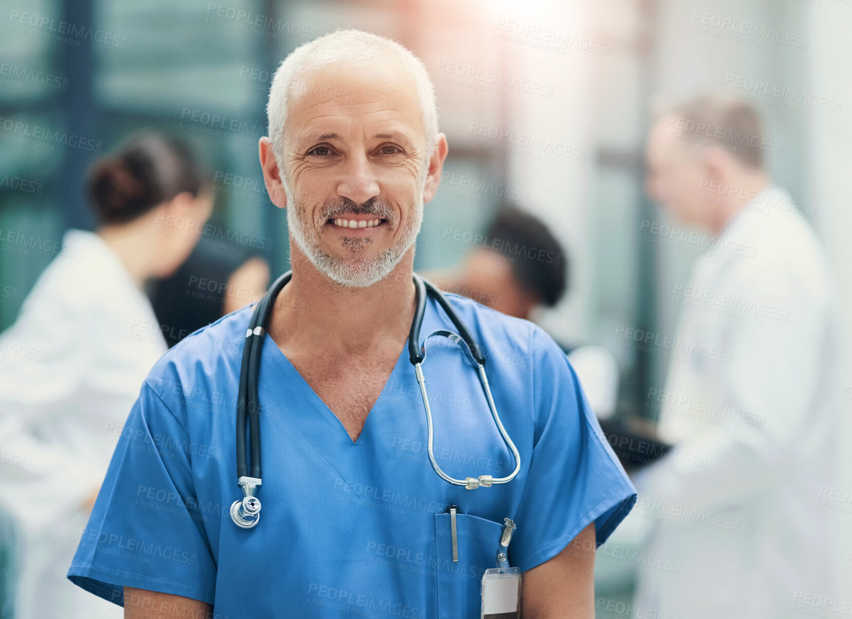 Buy stock photo Hospital, doctor and portrait of mature man with smile for medical career, job and work in clinic. Professional, healthcare and person with stethoscope for cardiology, pulmonary service and wellness