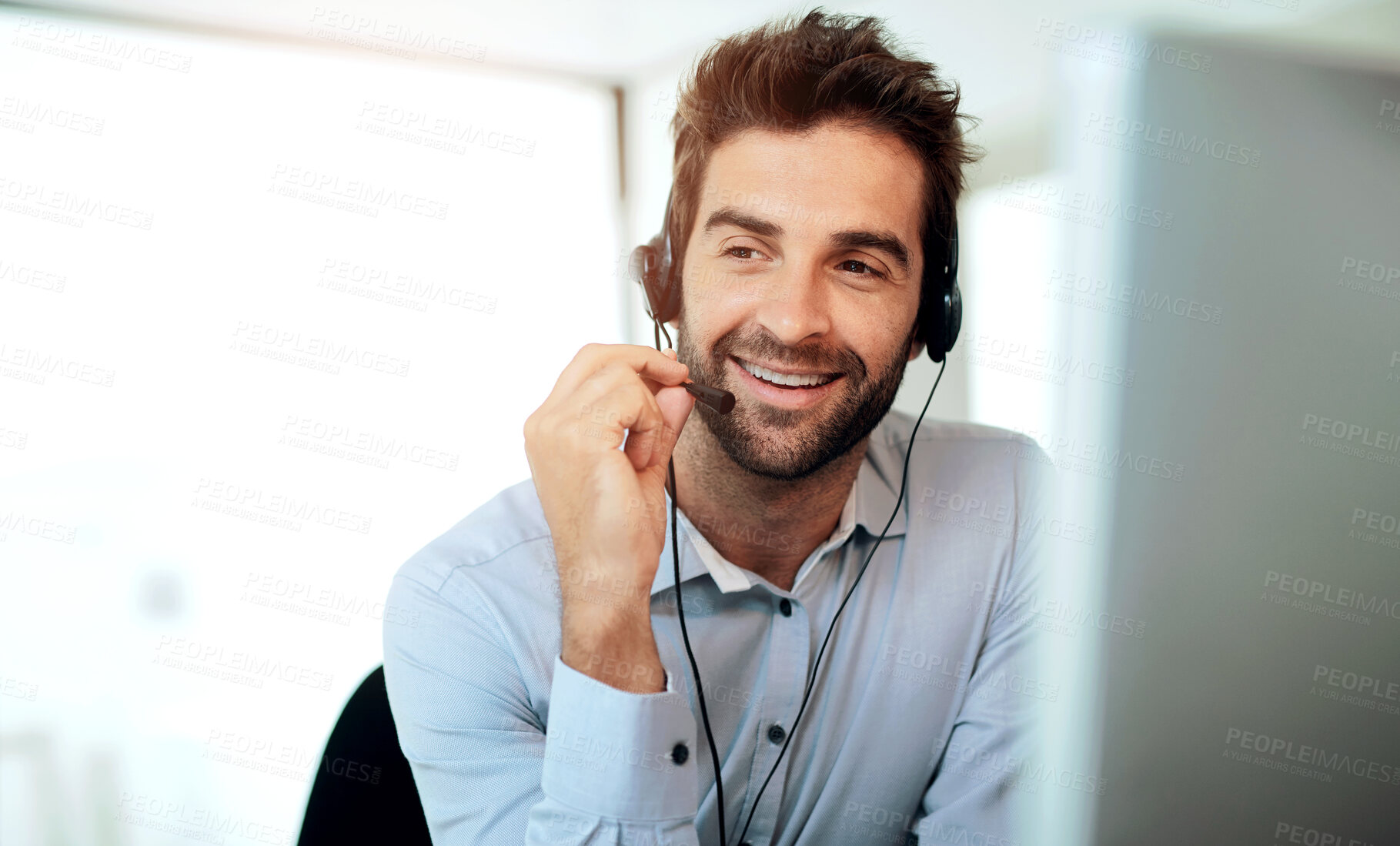 Buy stock photo Call center, listening and business man in office for telemarketing, communication and customer support. Advisor, consultant and hotline agent with person  for crm help desk, operator and contact us