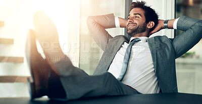 Buy stock photo Relax, smile or thinking and business man in office for satisfaction with complete or finished task. Future, idea and vision with happy corporate employee in workplace for break or rest from job