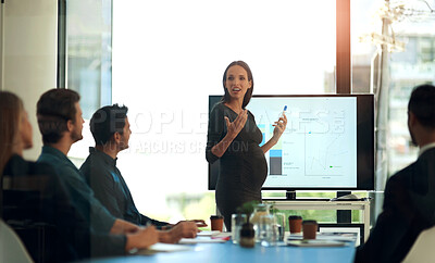 Buy stock photo Business woman, pregnancy and presentation in office for planning, strategy and review with feedback. Team, meeting and pregnant employee for project update, workshop and financial report with screen