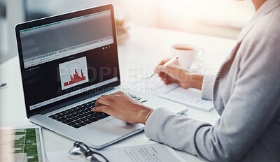 Buy stock photo Business analyst with computer reading data, checking reports and monitoring company growth, progress and profit. Business woman hands typing and browsing charts on office technology with paperwork