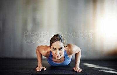 Buy stock photo Fitness, push up and portrait of woman in gym for bodybuilding training, exercise or workout. Sports, athlete and serious person with muscle strength, wellness and health for performance or challenge