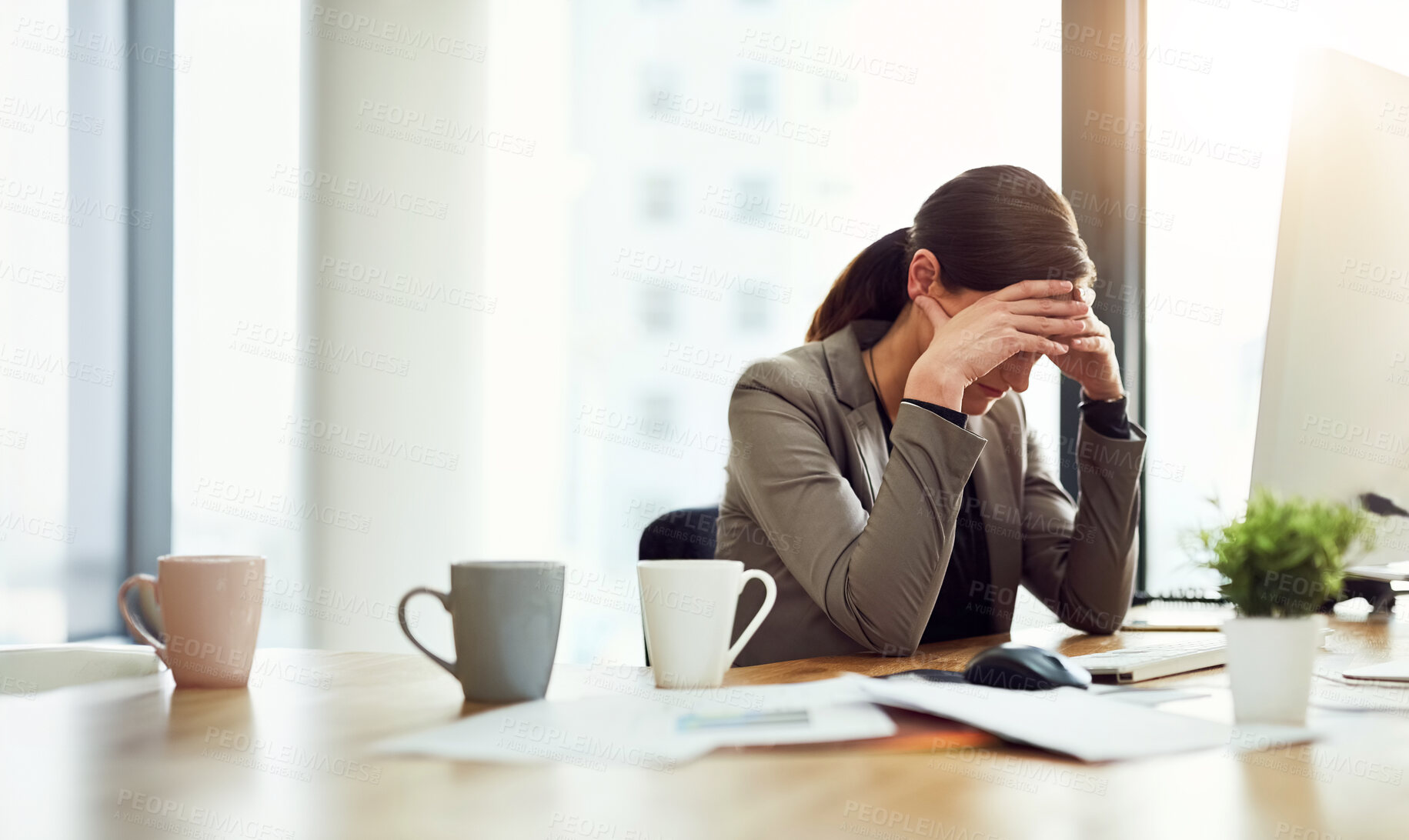 Buy stock photo Business, woman and stress at office on computer with emotions for project deadline and submission. Female person, employee and worried or exhausted with poor internet connection and glitch for task