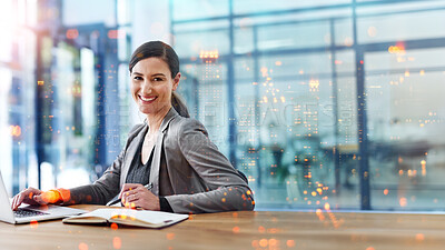 Buy stock photo Business, woman and happy on portrait with laptop at office with research for project deadline and submission. Female person, employee and smile or satisfied with strategy, planning and bokeh