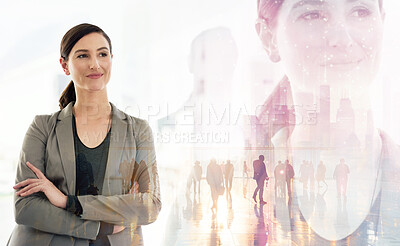 Buy stock photo Business, woman and arms crossed with people on overlay for commuting and global network. Female person, employee and smile or happy with thinking for ideas, career growth and job opportunity