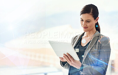 Buy stock photo Business, woman and happy with tablet on internet for research and communication as brand manager. Overlay, female employee and smile or satisfied at office with social media reviews and engagement