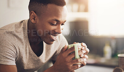 Buy stock photo Coffee, happy and black man in home in morning for start of day routine with positive attitude. Smile, cappuccino and African male person drinking caffeine, latte or espresso for warm beverage.