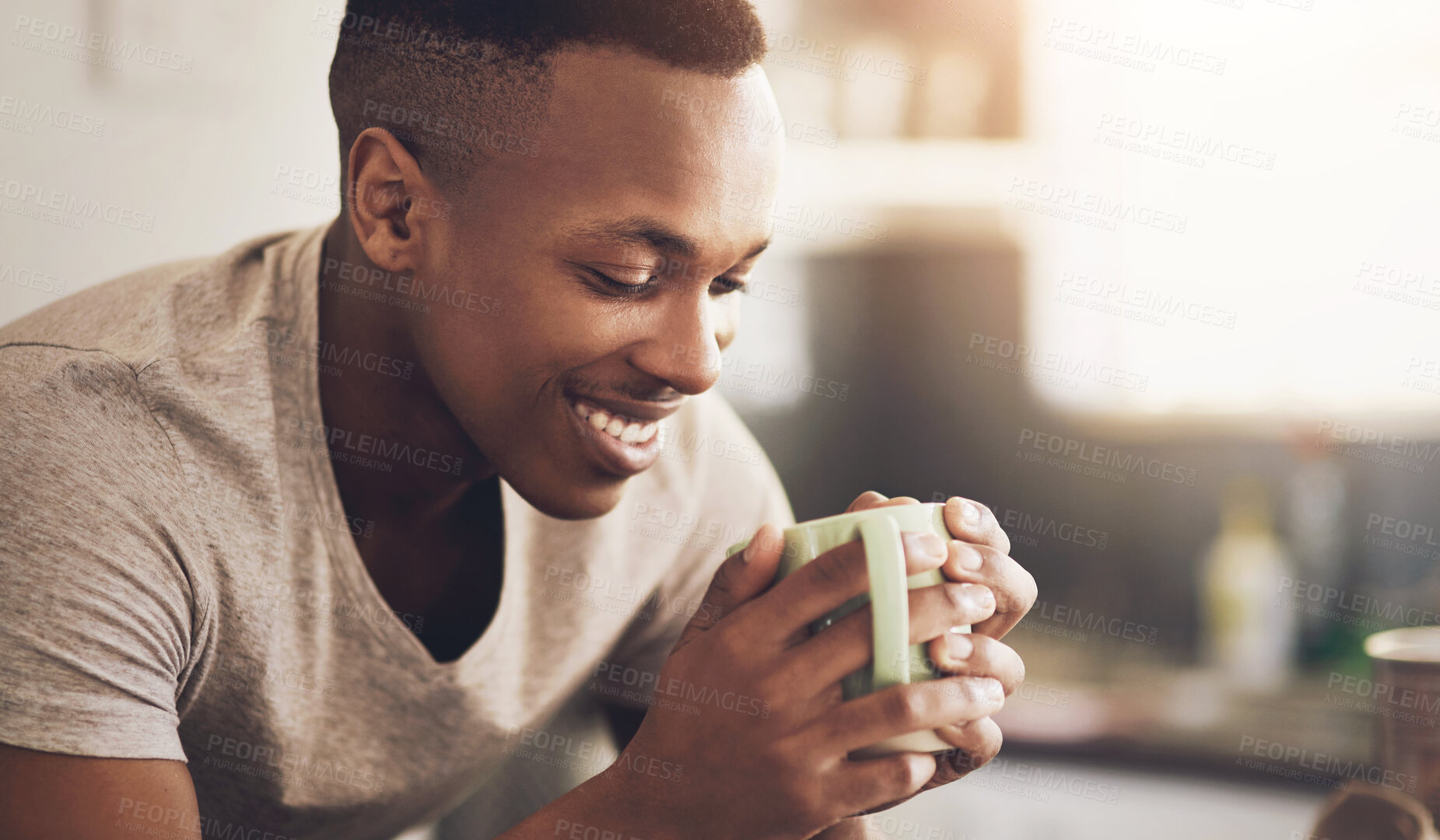 Buy stock photo Coffee, happy and black man in home in morning for start of day routine with positive attitude. Smile, cappuccino and African male person drinking caffeine, latte or espresso for warm beverage.