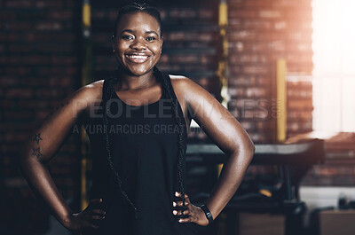 Buy stock photo Happy, gym and portrait of black woman for fitness, exercise and training in sports center. Personal trainer, confident and person with smile for wellness, health and workout for performance progress