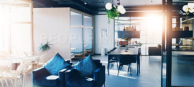 Buy stock photo Empty office, interior and design of coworking space with table, chair and architecture at startup company. Creative workplace, room and workspace with modern setup, decoration and business banner