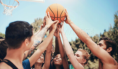 Buy stock photo Outdoor, people and happy on synergy with basketball at court for sports, match and tournament. Teammates, players and smile or satisfied with unity, solidarity and support for teamwork for games