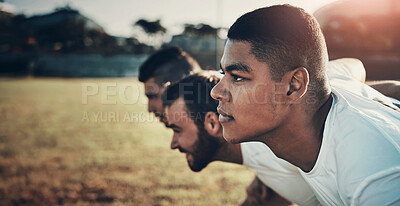 Buy stock photo Players, rugby and scrum with team of people outdoor on field together for training or physical challenge. Exercise, teamwork and sports with group of men ready on grass for start of game or match