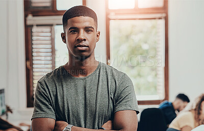 Buy stock photo Student, school and portrait of man in classroom at university for education, learning and knowledge. Crossed arms, academy and person on campus for scholarship, lesson and studying at college