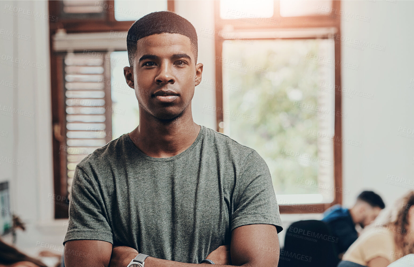 Buy stock photo Student, school and portrait of man in classroom at university for education, learning and knowledge. Crossed arms, academy and person on campus for scholarship, lesson and studying at college