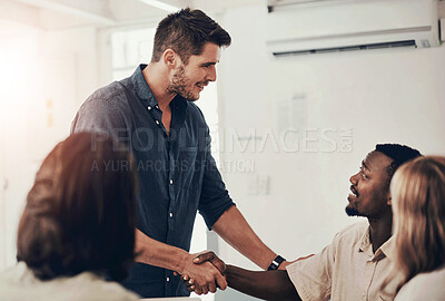 Buy stock photo Business people, creative and handshake for collaboration, greeting and agreement in office with trust. Employees, introduction and shaking hands for partnership, thank you and success with support