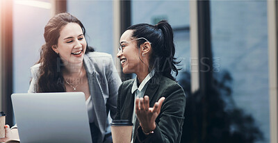 Buy stock photo Laughing, meeting and business women on laptop for talking, coffee break and funny conversation. Professional collaboration, teamwork and happy workers on computer for internet, website and project