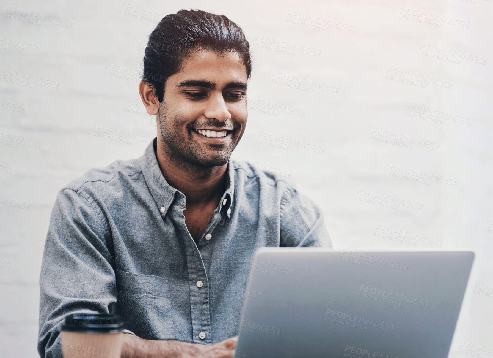 Buy stock photo Coffee, laptop and happy business man for remote work online for planning, typing email and networking. Freelancer, cafe and person working on computer for internet, research project and proposal 