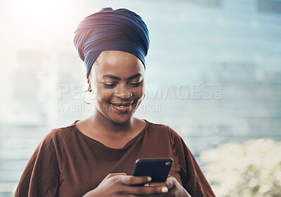 Buy stock photo Black woman, happy and texting on smartphone with email notification for loan approval. Female person, client and smile or satisfied with communication, networking and social media with text message