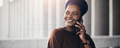 Buy stock photo Business, black woman and happy on phone call for communication and networking. Female person, employee and smile or satisfied with good news on discussion, conversation and contact at workplace