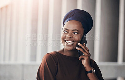 Buy stock photo Business, black woman and smile in phone call for communication and networking. Female person, employee and happy or satisfied with good news on discussion, conversation and contact at workplace