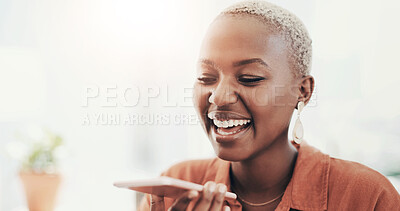 Buy stock photo Black woman, happy and phone in office for voice note, audio recording and funny message. Business person, smile and mobile in creative agency for talking, planning and speech to text app for contact