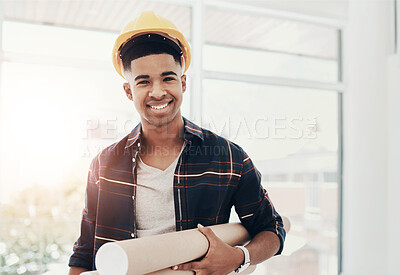 Buy stock photo Portrait, business and man with architecture, blueprint and smile with career ambition. Person, employee and engineering with documents, hard hat and contractor with construction site and real estate