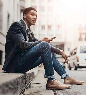 Buy stock photo Thinking, phone and black man in city on street for navigation, digital map and direction on website. Travel, urban town and person on smartphone for social media, networking and online communication