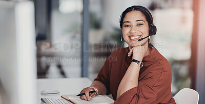 Buy stock photo Woman, portrait and callcenter consultant with headset for phone call, tech support and notebook for telecom. Happy, customer service or telemarketing CRM, contact us and agent with feedback notes