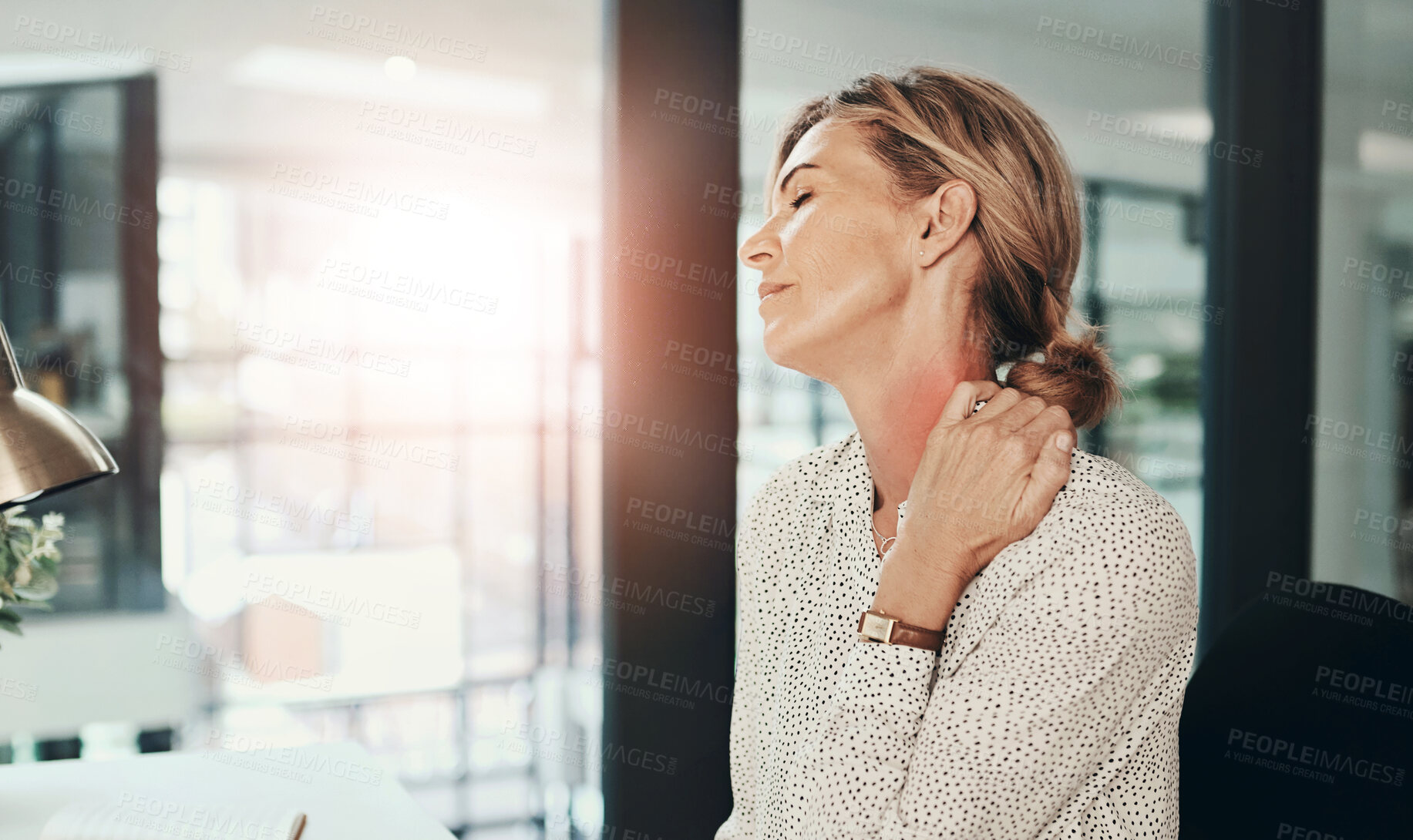 Buy stock photo Stress, neck pain and business woman in office with tension, muscle strain and medical crisis. Professional, corporate and tired worker with injury for fatigue, burnout and overworked with pressure