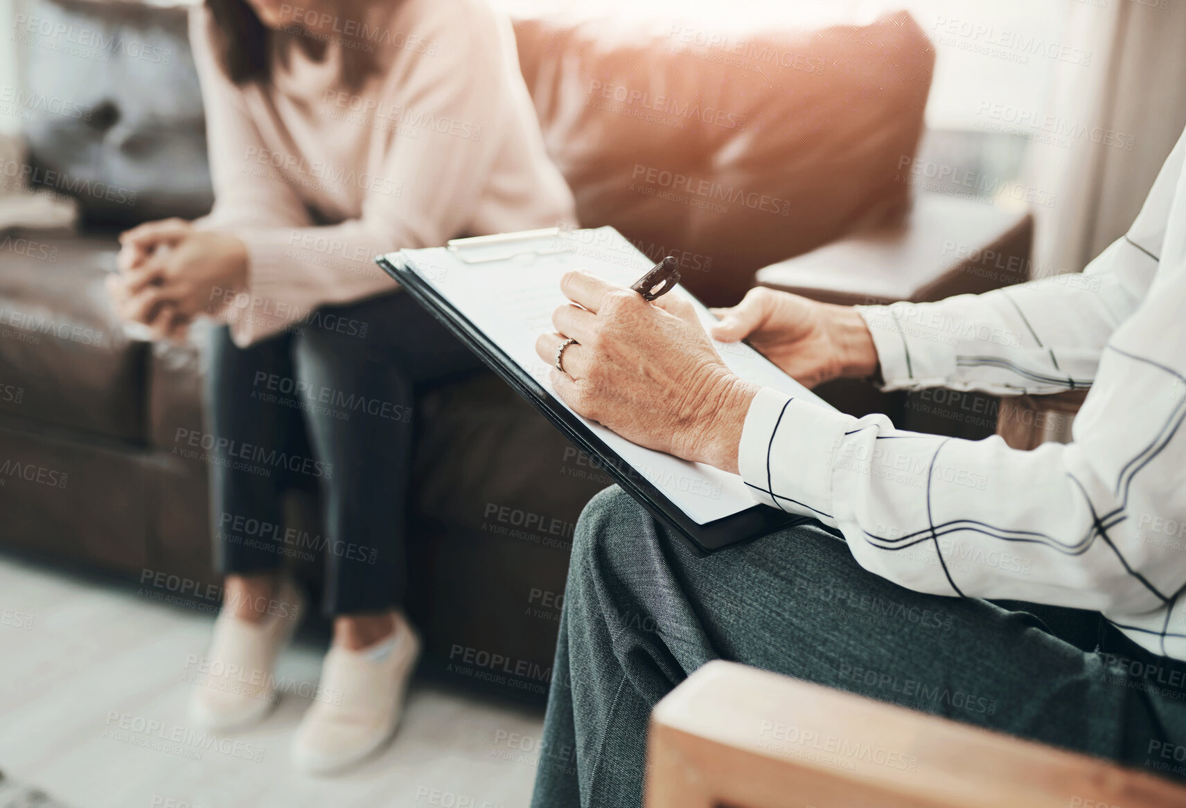 Buy stock photo Mental health, therapist hands and writing with person for consultation, healing and notes in office. Psychologist, patient and paper in practice for help, medical history or rehabilitation with care