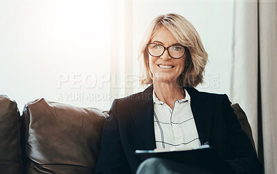 Buy stock photo Woman, therapist portrait and checklist for counselling, help and smile for support in office. Mature psychologist, clipboard and happy for advice, listen or empathy for mental health consultation