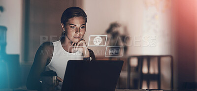 Buy stock photo Woman, home and laptop on internet at night with research for project submission and deadline as freelancer. Hologram, female person and serious on website or online for news reading and articles