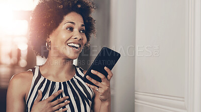 Buy stock photo Woman, home and happy on smartphone with voice note for social media and communication. Female person, apartment and smile or satisfied with audio recording, loud speaker and message for networking