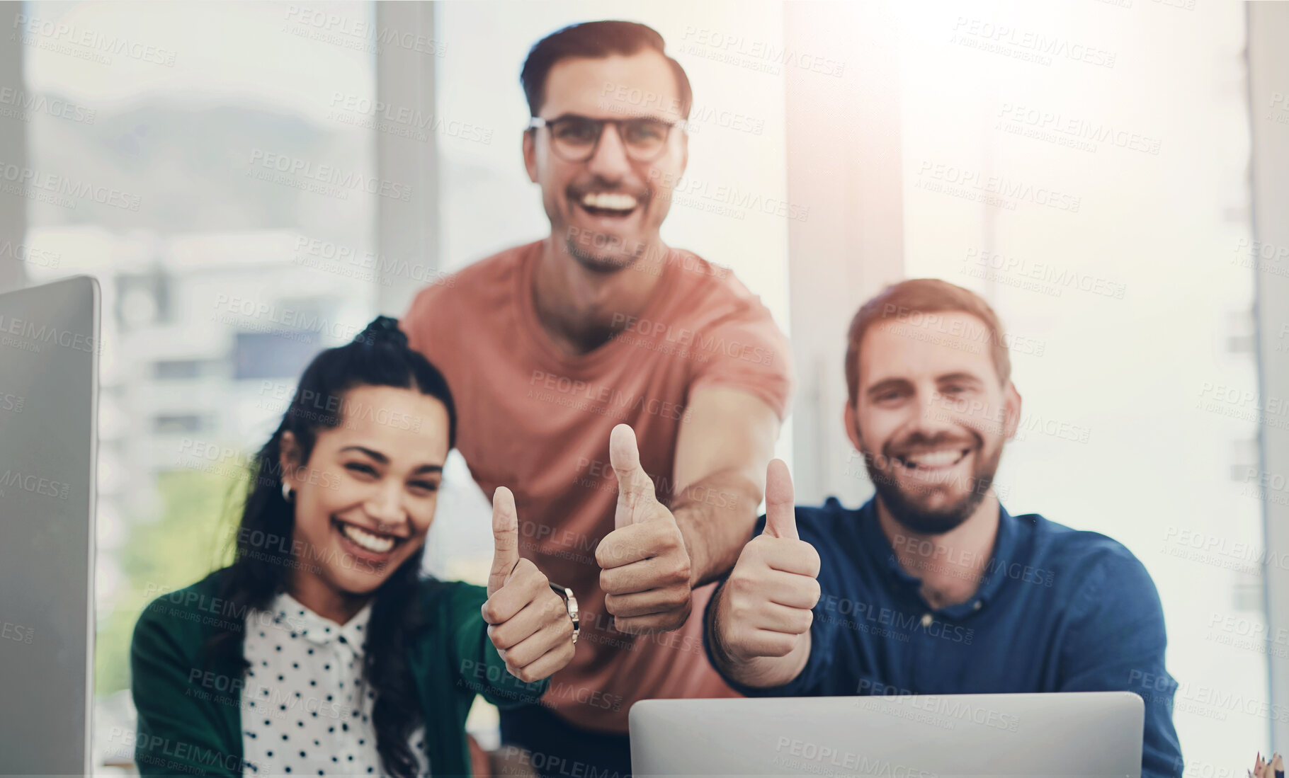 Buy stock photo Portrait, teamwork and business people with thumbs up, laptop and support with agreement. Face, group and employees with computer, hand gesture and cooperation with partnership and positive energy