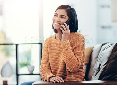 Buy stock photo Smile, woman and relax with phone call at house for communication, contact and chat feedback. Happy, girl and resting with mobile for conversation, listening and morning gossip with discussion advice