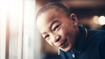 Buy stock photo Happy boy, portrait or spaghetti with food for meal, eating or favorite snack at home. Young person, child or kid with smile, wheat or noodles for carbohydrates, fiber nutrients or vitamin B at house