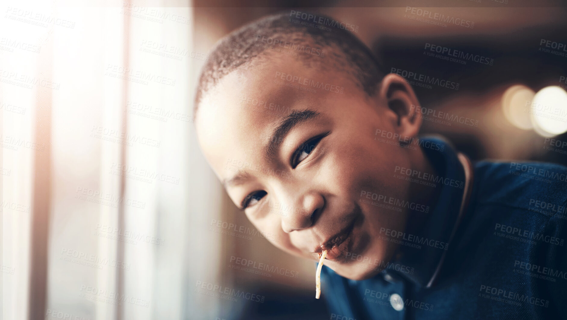 Buy stock photo Happy boy, portrait or spaghetti with food for meal, eating or favorite snack at home. Young person, child or kid with smile, wheat or noodles for carbohydrates, fiber nutrients or vitamin B at house